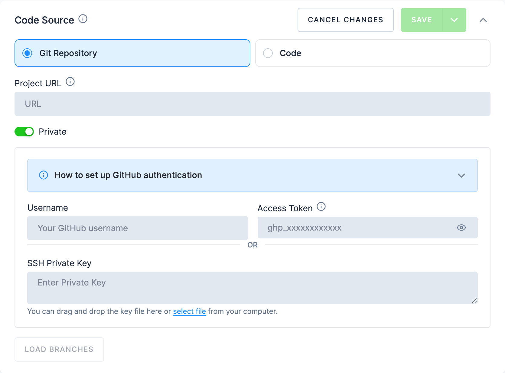 The Code Source card with Git Repository selected and Private on: the How to set up GitHub authentication note, the Username and Access Token fields, SSH Private Key, and Load branches